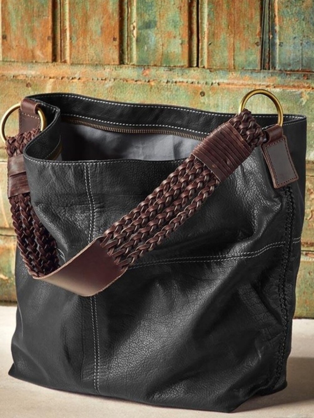 Carbon2Cobalt Leather Black Hobo Bag with Braided Brown Strap